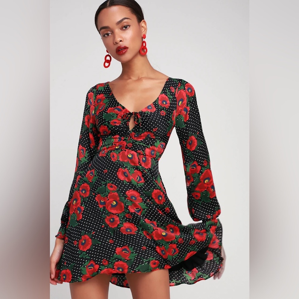 Free People Morning Light Black Print Long Sleeve Mini Dress